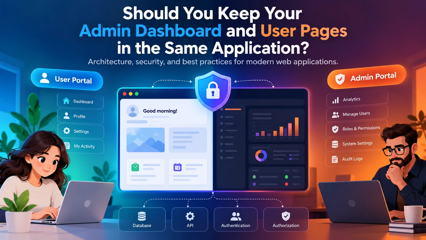 A user portal and an admin portal side by side, joined by a shared database, API, authentication and authorization layer