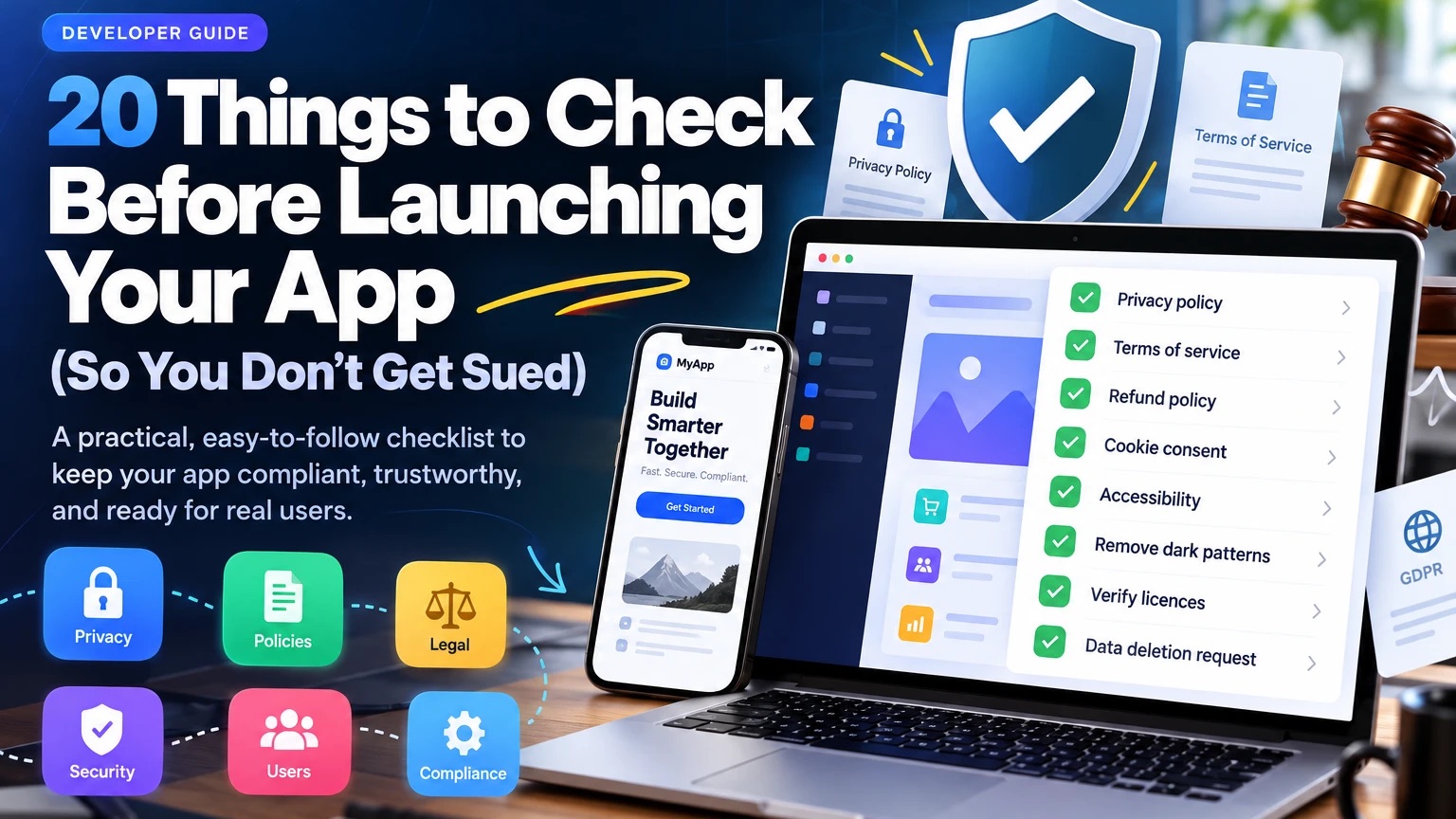 20 points à vérifier avant de lancer votre app : un portable affichant une liste avec politique de confidentialité, conditions d’utilisation, politique de remboursement, consentement aux témoins, accessibilité, interfaces trompeuses, licences et suppression des données