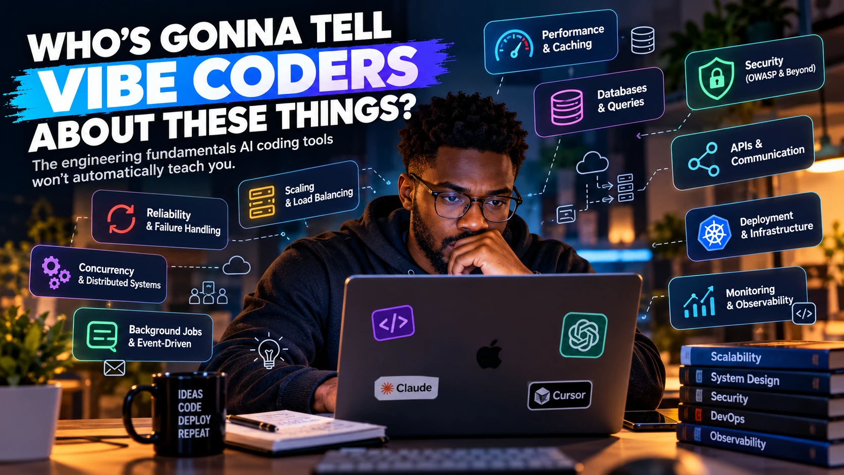 Who's gonna tell vibe coders about these things? A developer at a laptop surrounded by labels for performance, databases, security, APIs, scaling, reliability, deployment, concurrency, background jobs and monitoring